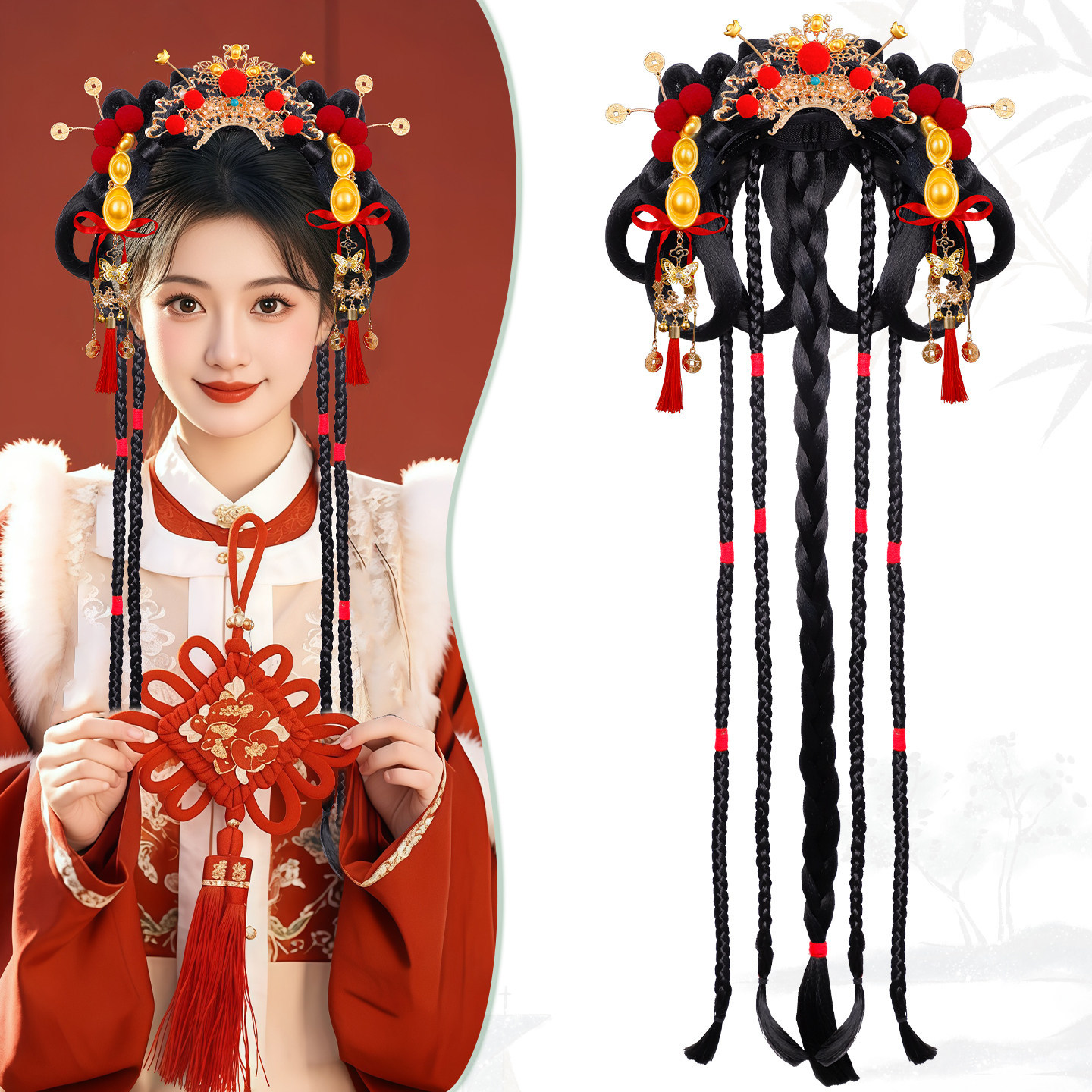 Ancient Style Hanfu Costume Wig for Women, Black Long Braids, Cute Fluffy Hair Accessory Set for Cosplay as the Little God of Wealth