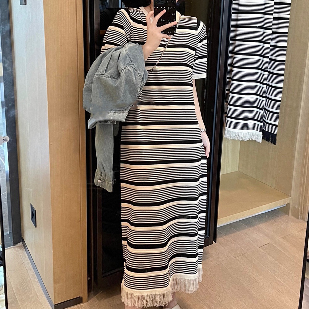 New Striped Short-sleeved Dress Women's Summer New Loose Casual Mid-length Over-the-knee Sweater Tassel Long Dress