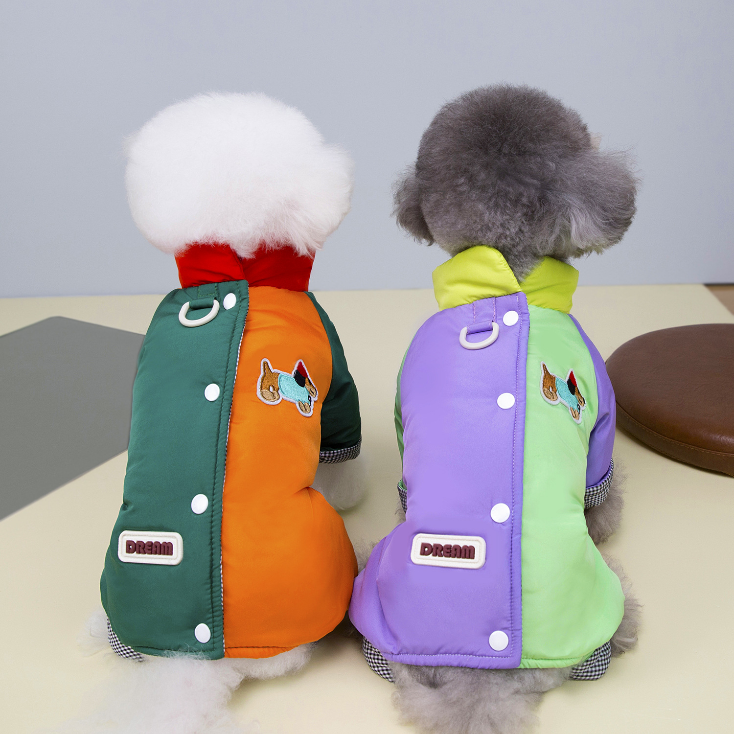 Dog Clothes Autumn and Winter New Clothing Teddy Pet Clothes Winter Thickened 25 Back Open Button Color Matching Cotton Clothes