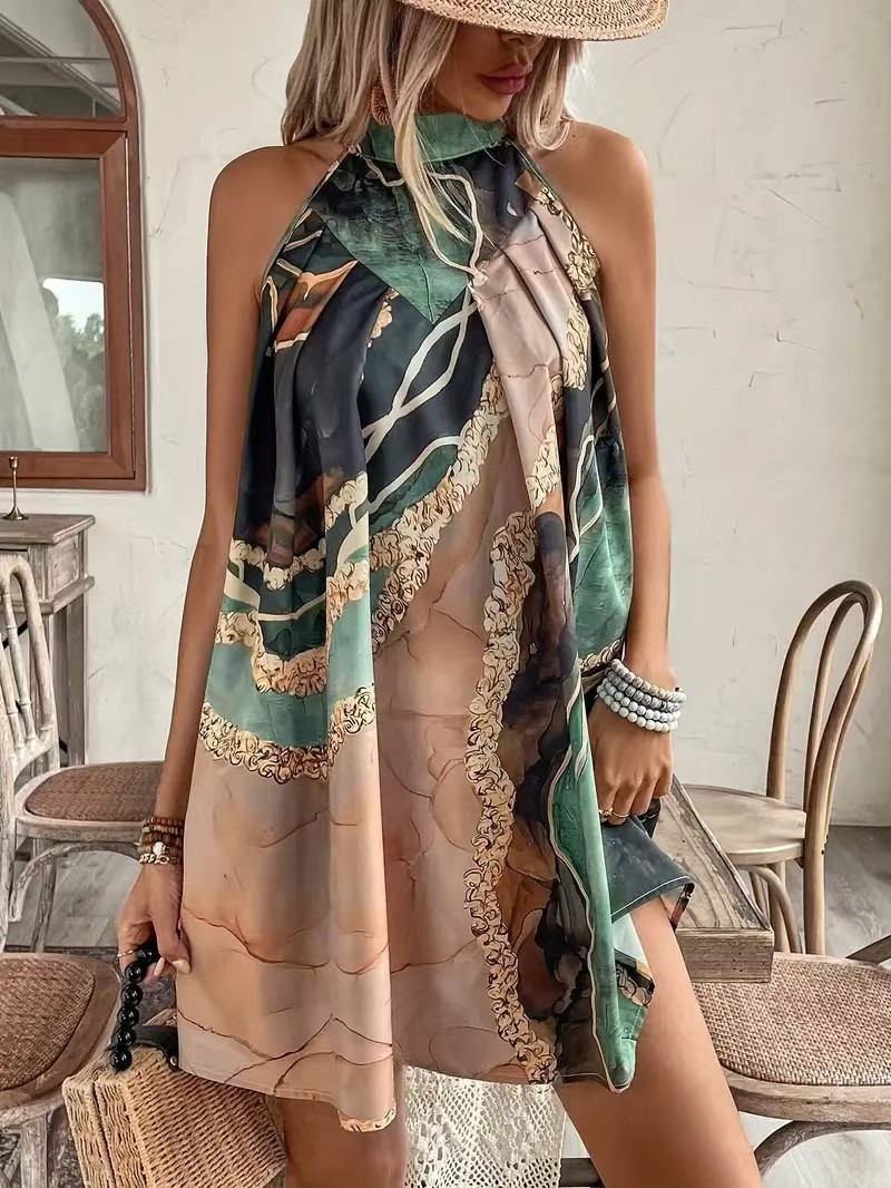 Slim Fit, Hip-Hugging, Sleeveless, Round Neck, Striped Print, Sexy Mini Dress with Contrasting Colors, European and American Design