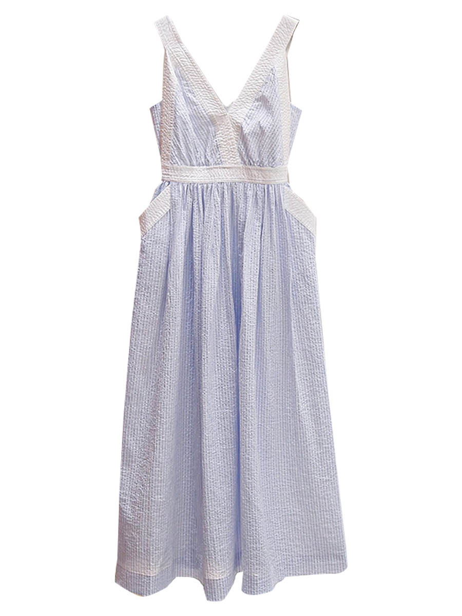 French M 2025 Summer New Stitching Contrast Color dress Long V-Neck Pleated Striped Dress