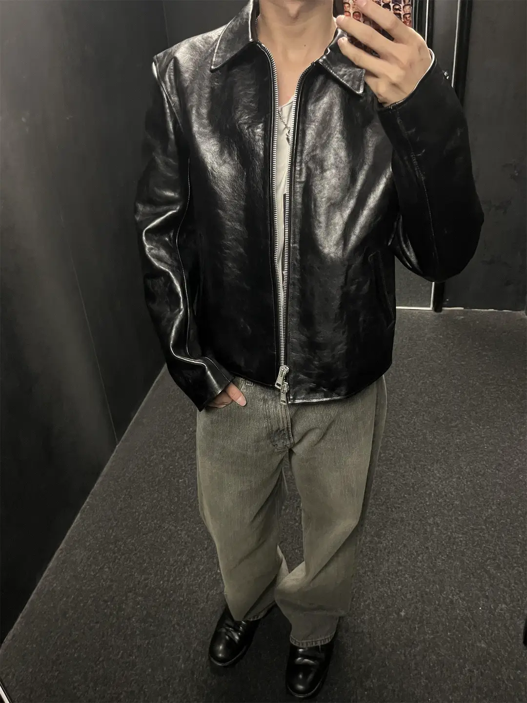 Our Legacy Style Boxy Double-Zip Washed Distressed Leather Jacket Short Wide Fit Biker Jacket