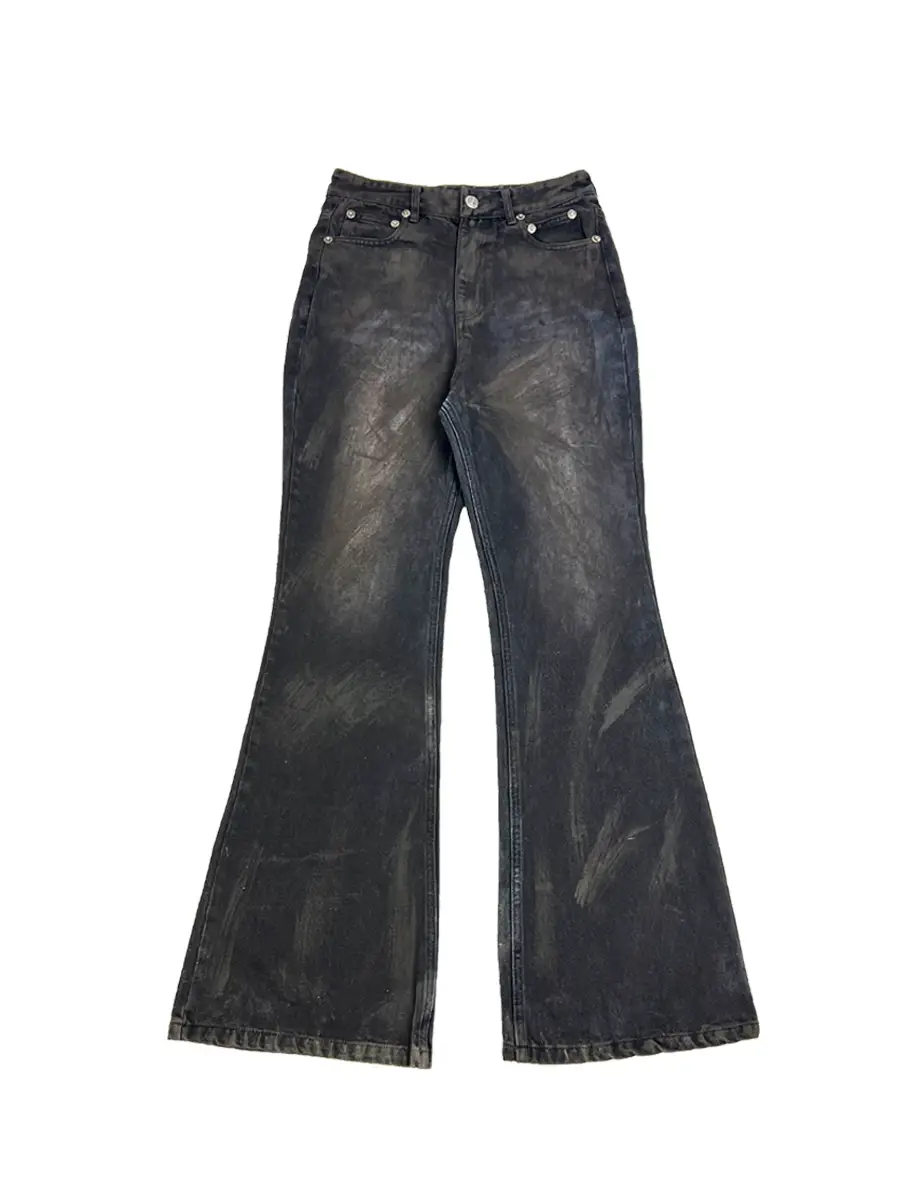 Type Ii Wax Mud Dye Coating Distressed High Street silm Straight-leg Micro Flare Denim pants Unisex