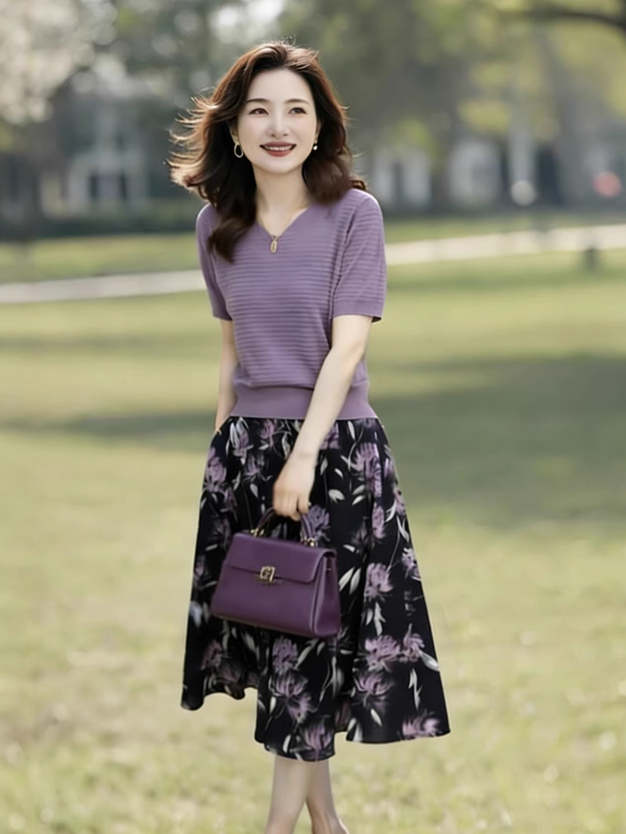 A Complete Set of Outfits for Middle-Aged and Elderly People for Summer 2026, a Two-Piece Purple Top and Skirt Set That Covers the Belly and Hides the Flesh, with a Casual and Fashionable Look