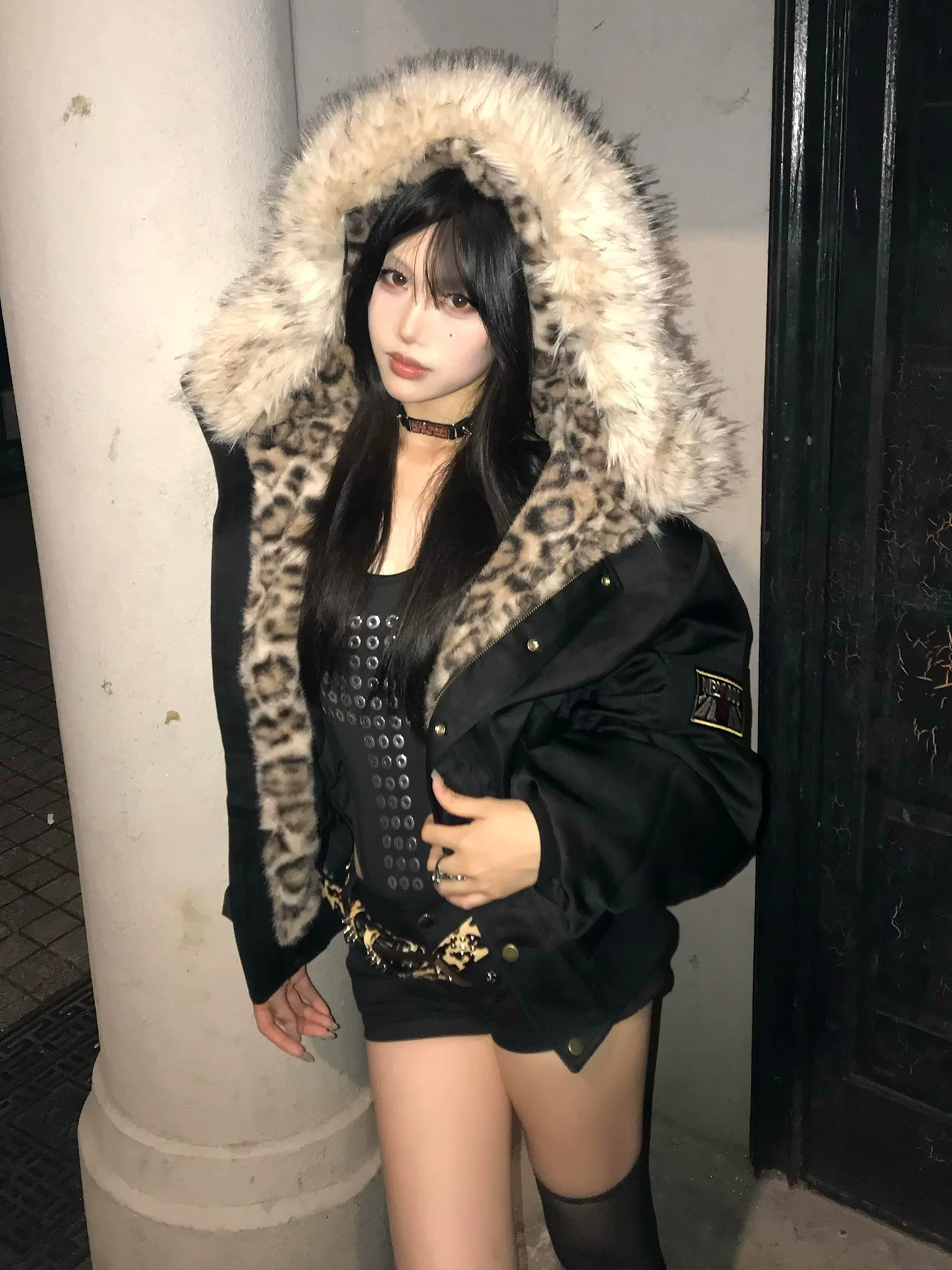 y2k亚文化毛领连帽棉服女冬季新款加厚豹纹飞行员夹克外套视觉系