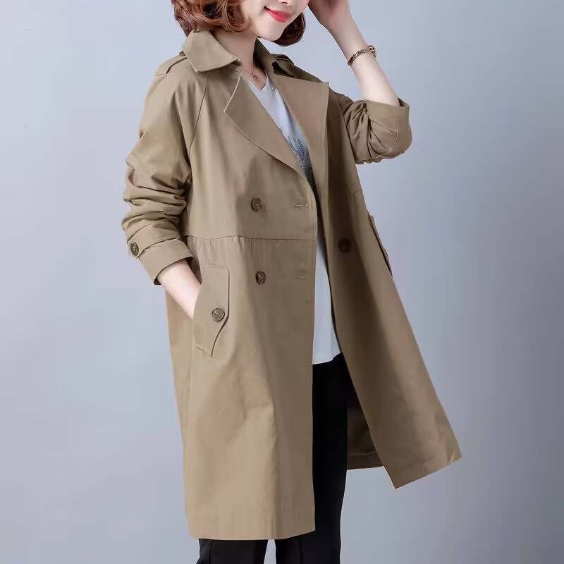 2025 Autumn New Khaki Coat Korean Style Loose Fit Petite Trench Coat Mid-Length Trench Coat