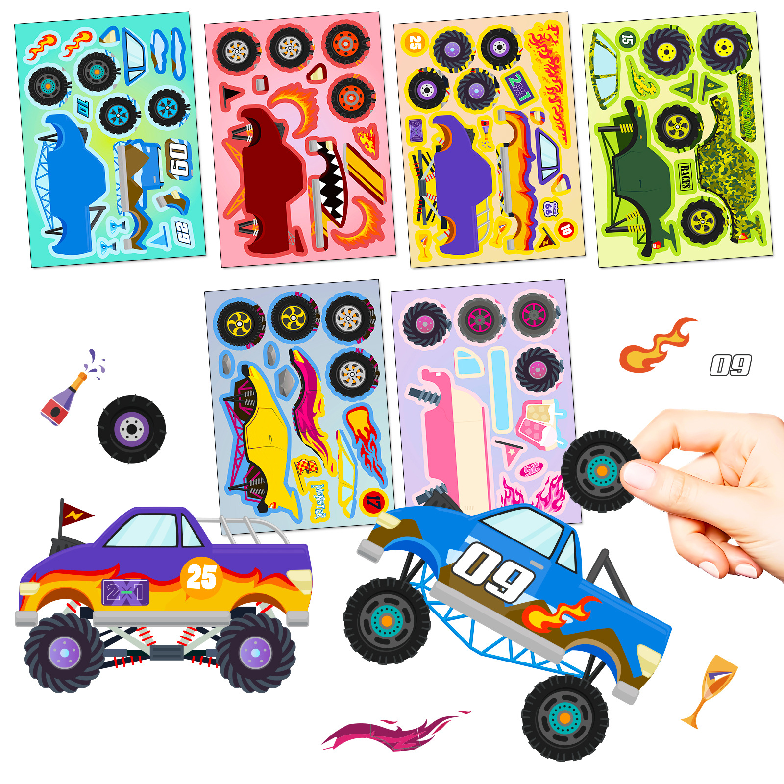 Cross-Border 6 Sheets/Pack Off-Road Face-Changing DIY Stickers Construction Vehicles Cartoon Children's Racing Car Assembly Puzzle Stickers