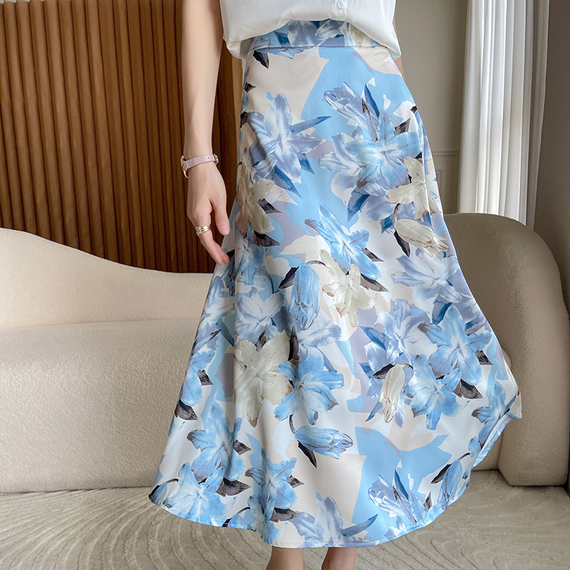 Acetate Cutout Skirt Women's Spring and Summer New Floral Fashion Slimming Look High-Waisted A-Line Mid-Length Printed Long Skirt Trendy