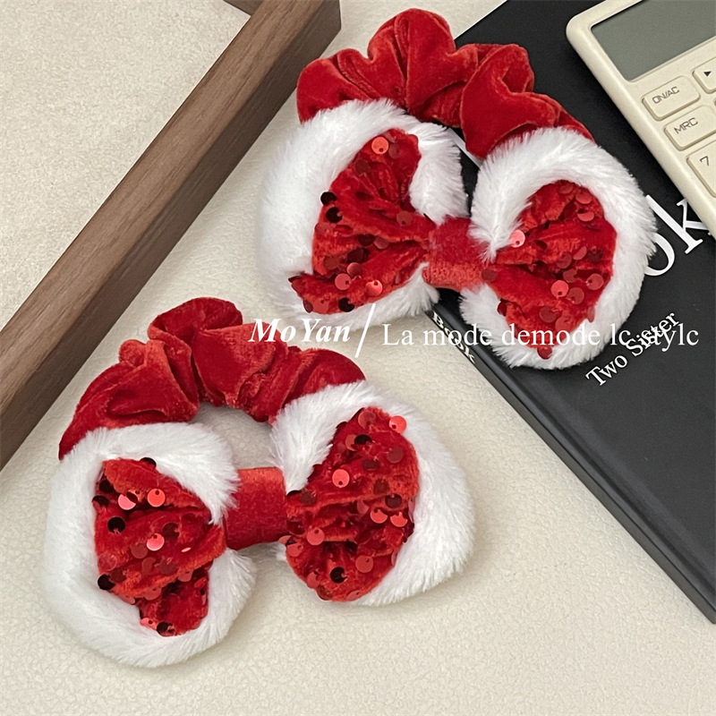 Sequin bow large intestine hair band hair rope vintage plush New Year red head rope ball head rubber band hair accessories