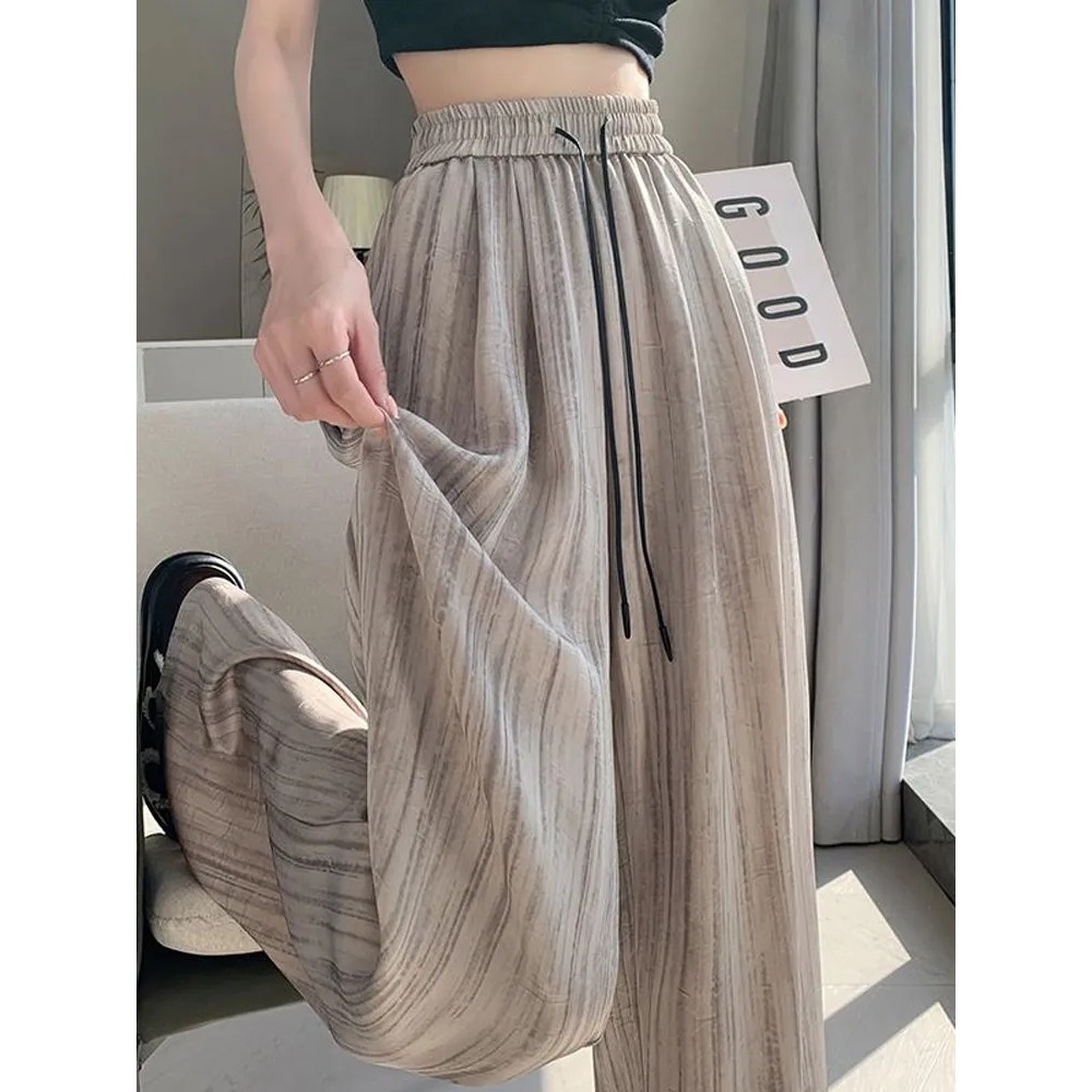 Cross-Border Ink Painting Striped Satin Dirty Wide-Leg Pants for Women Summer Lazy Style Straight Floor-Length Drape Casual Pants