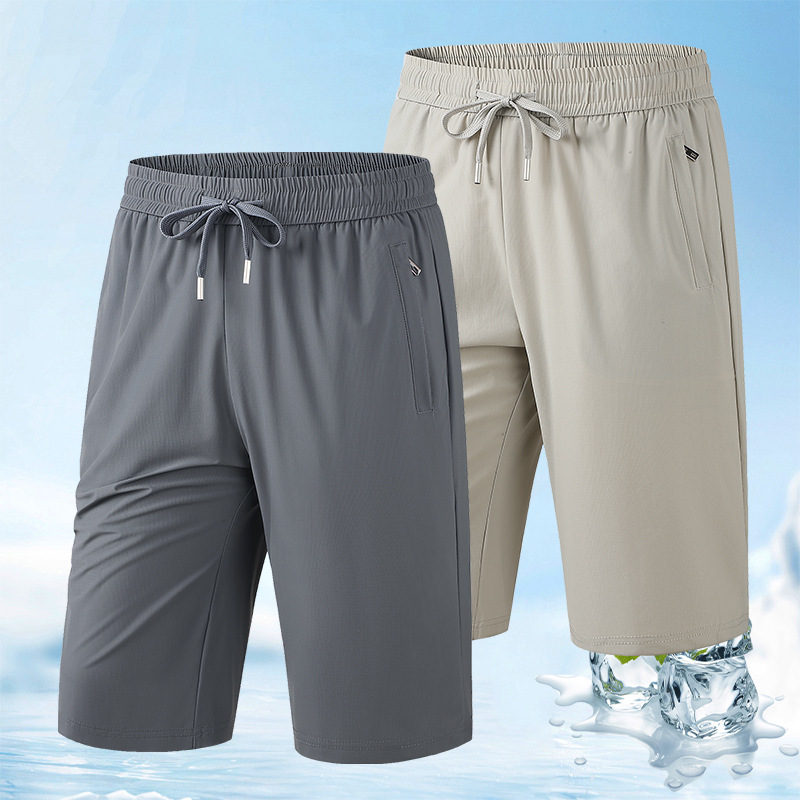 Ice Silk Cropped Pants for Men, Summer Thin Loose Casual Sports Shorts, Large Size Quick-Dry Straight-Leg Beach Pants