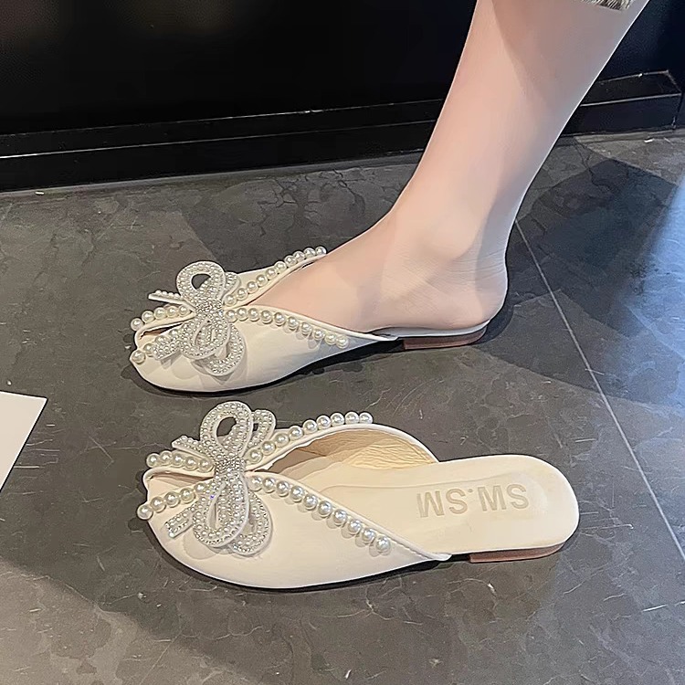 Women's Summer Open-ended Half Slippers 2025 New All-match Flat-bottomed Pregnant Women's French Style Pearl Bow Fish Mouth Sandals