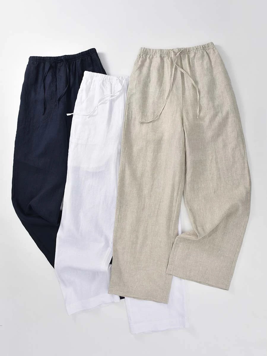 Pure Linen Straight Pants Cool Breathable Elastic Belt Rain