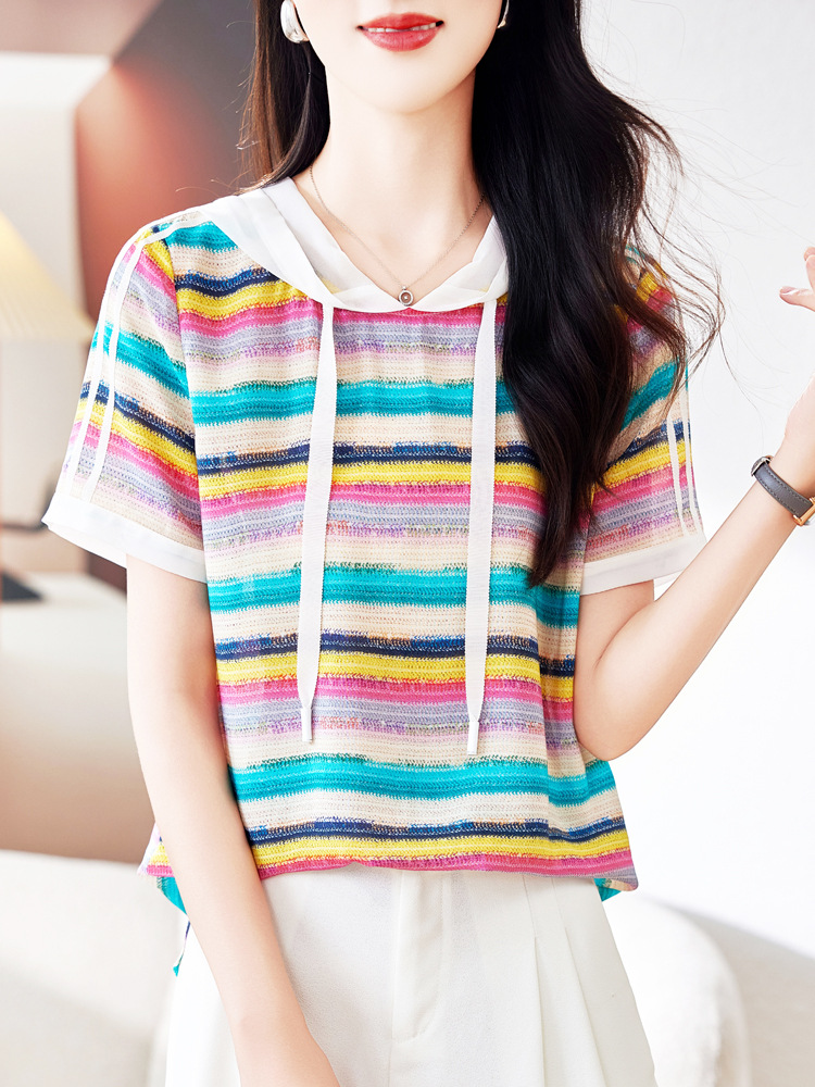 Hangzhou Double Crepe Silk Shirt Striped Short-Sleeve 2026 Summer New Hooded Mulberry Silk Casual T-Shirt Top for Women