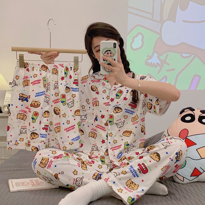 Japanese-Style Cartoon Crayon Shin-Chan Pajamas for Women, Spring and Summer Cute Age-Reducing Student Dormitory Loungewear, Plus-Size Three-Piece Set