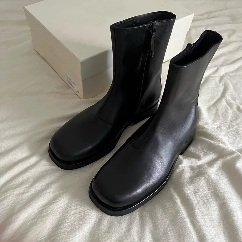Ol Style Black Martin Boots, Genuine Leather Mid-Calf Chelsea Boots, Minimalist High-End Short Boots, Unisex