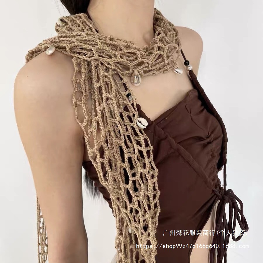 Cross-Border Hand Crochet Triangle Scarf Fishnet Fish Scale Scarf Dress Accessories Hollow Beach Shawl Cloak Women's Cardigan