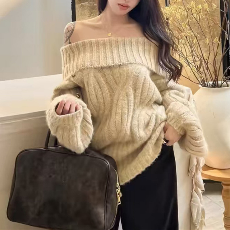 Cross-border Lazy Style off-shoulder Sweater Women's Autumn and Winter Design Sense Lapel Shoulder Loose Mid-length Twist Sweater