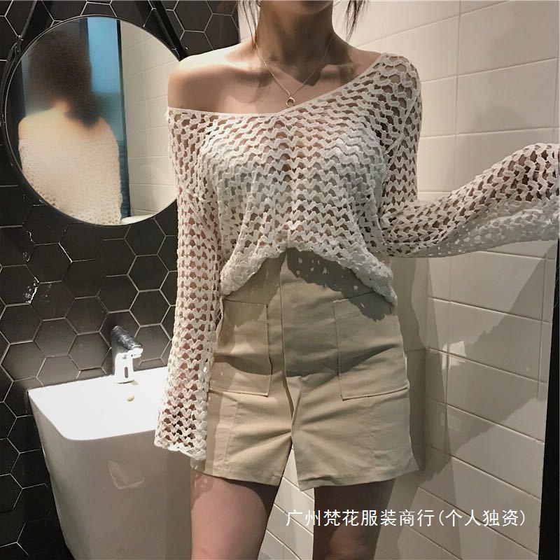New Spring and Summer Internet Celebrant Hollow Top Korean Style Swimsuit Sexy Western Style Small Shirt Knitted Blouse Trendy