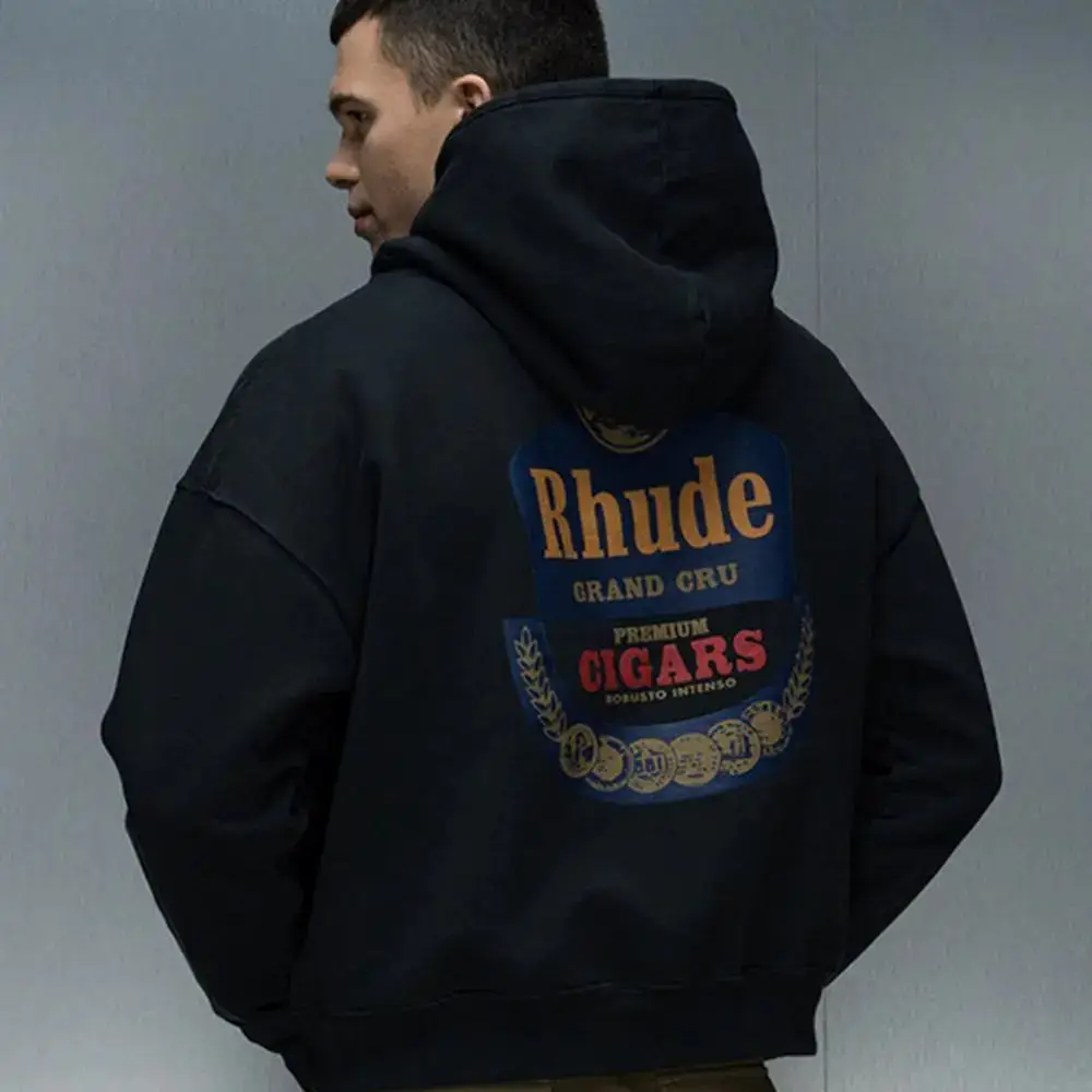 RHUDE野马棕榈树图腾英文印花美式情侣休闲宽松秋冬重磅连帽卫衣