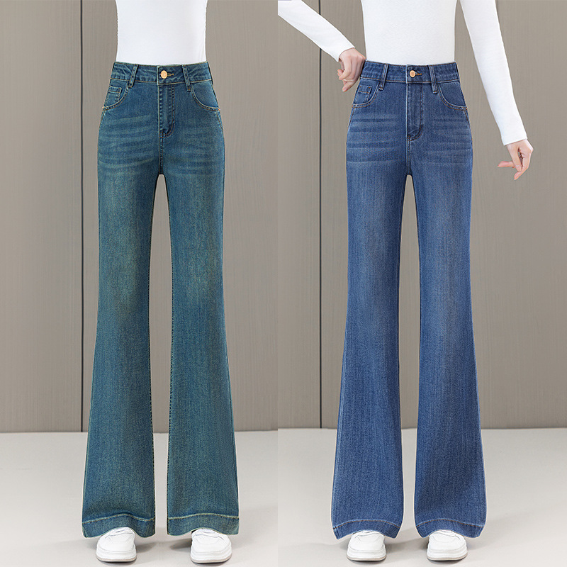 Spring and Autumn Fashion Dark Blue High-Waisted Stretchy Flared Jeans for Women, New Slim-Fit Plus-Size Pants