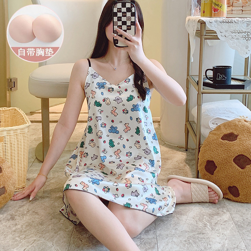 Summer New Style Imitation Silk Cartoon Animal Print Suspender Nightgown for Women, Skin-Friendly and Drapey Sleepwear, Home Wear with Chest Pads
