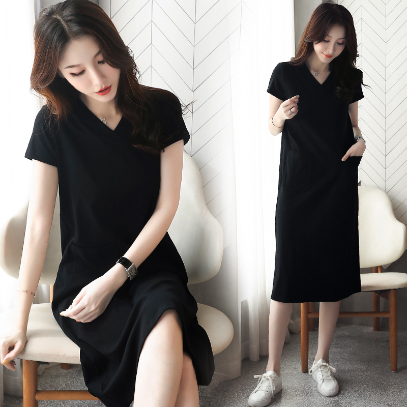 K-Style of the New 2022 Summer Mid-Length T-Shirt Skirt Women's Loose Bottoming Skirt with Flap Pocket Pantss V Neck Short-Sleeved Dress