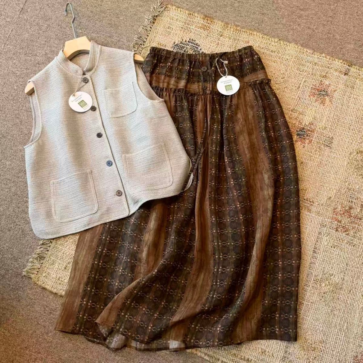 [Barcelona] Skirt, Black Label Linen 100% Natural Linen Elastic Waist A-Line Large Hem Silhouette for Women Summer