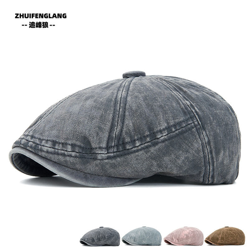 Washed Large-Brimmed Newsboy Cap for Women, Vintage Beret, Men's Distressed Casual Newsboy Cap, Denim Forward Cap