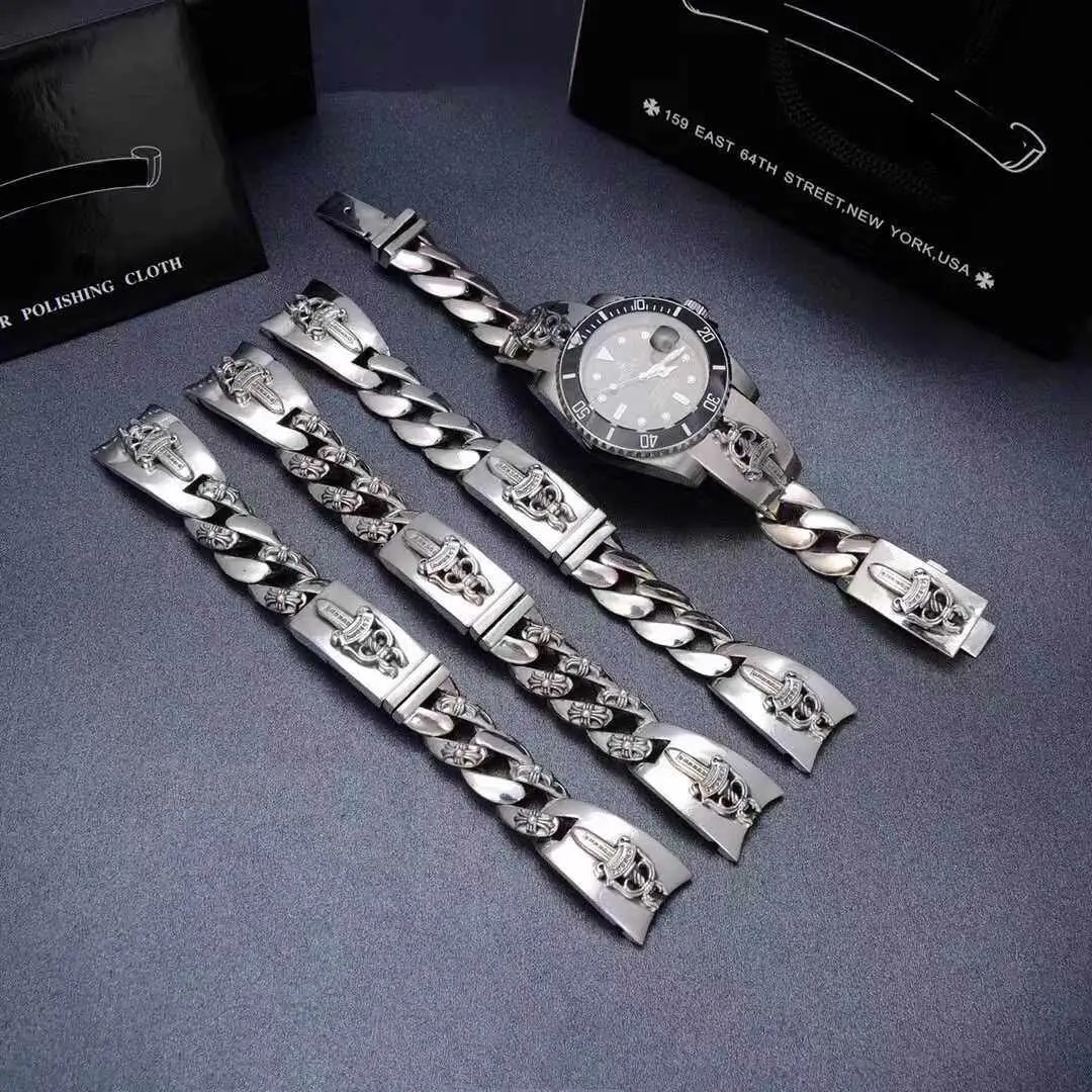 925 Silver Holy Sword Cross Army Flower Bracelet Water Ghost King Series Watch Strap 20mm Universal Watch Strap Bracelet for Boyfriend