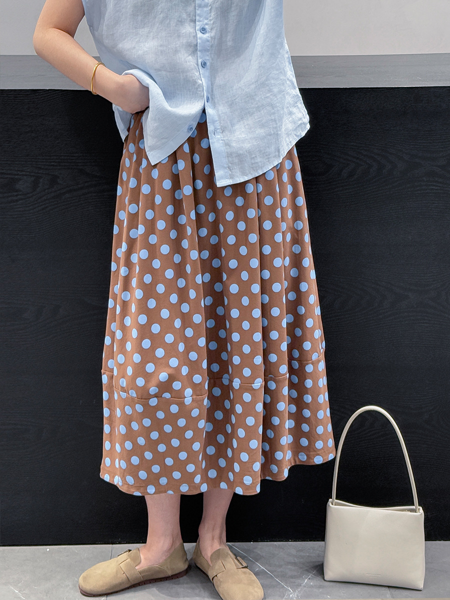 Plus Sutang Literary Retro Polka Dot Print Skirt for Women, New Summer Loose Fit, Flattering, Lazy Cotton Puff