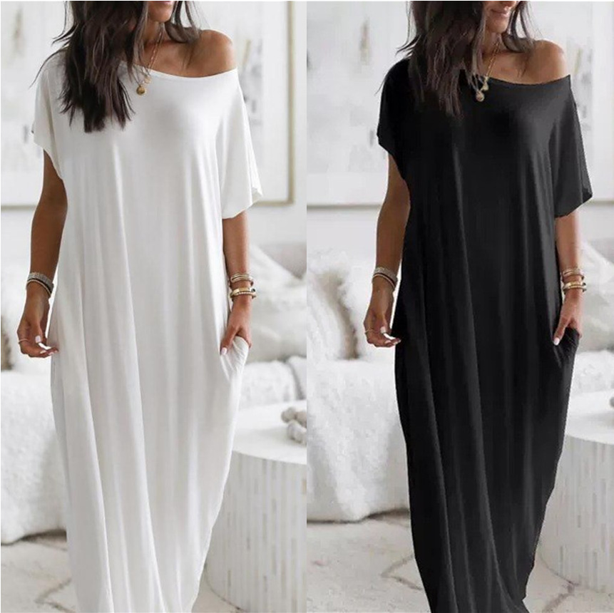2025 Amazon Aliexpress European and American Summer New Style Women's Solid Color Short-Sleeved Long Casual Dress