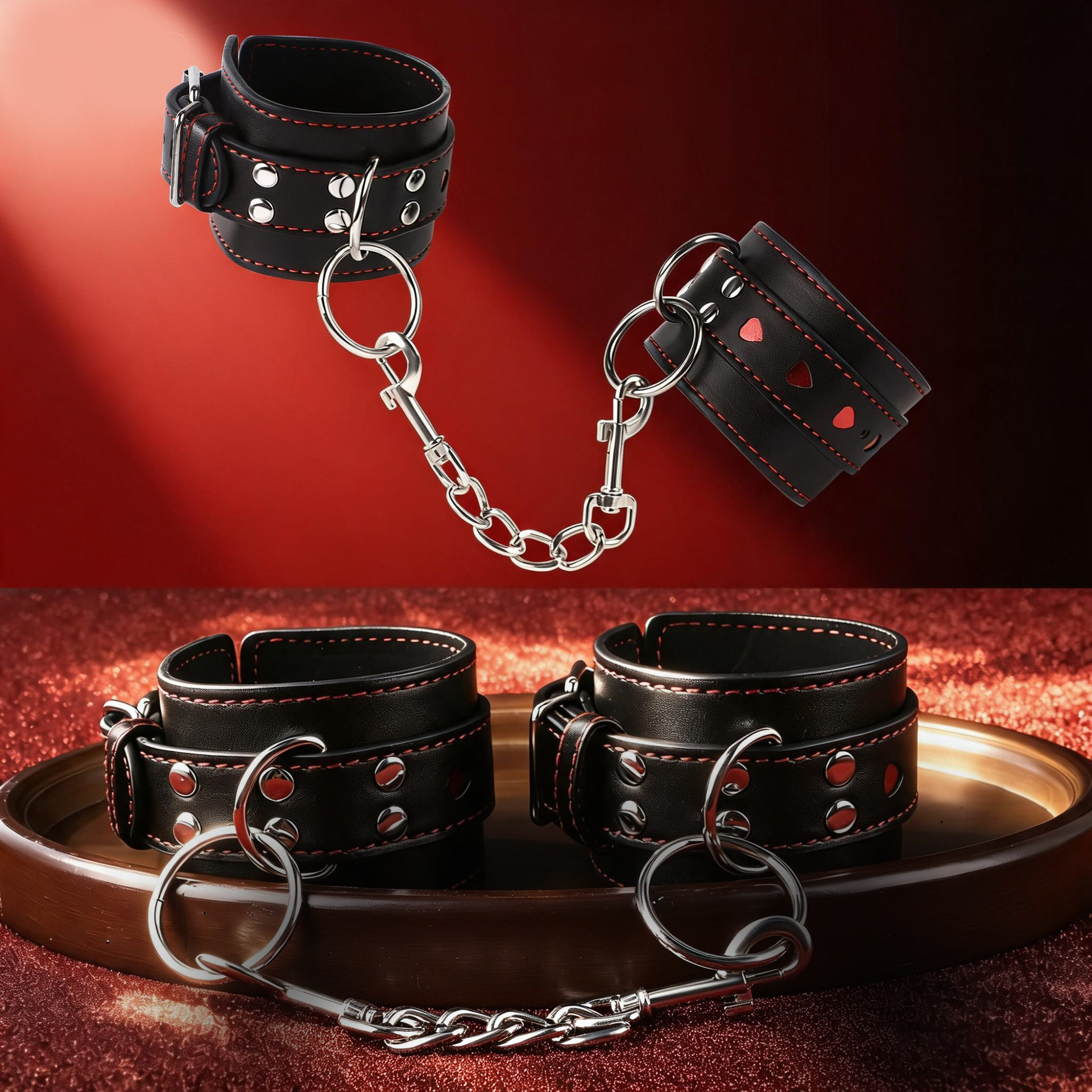 Handcuffs, Shackles, Collar, Female One-Piece Set, Male Toy, Leather Thickened Traction Chain, Neck Chain