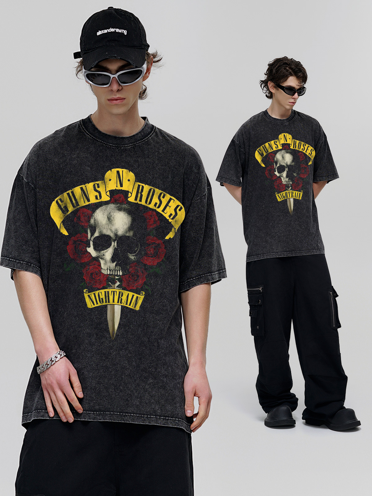 GUNS ROSE Gun Flower Band American Style Washing Water vintage Cross-border Short-sleeved T-shirt Men's Summer New Round Collar Fashion