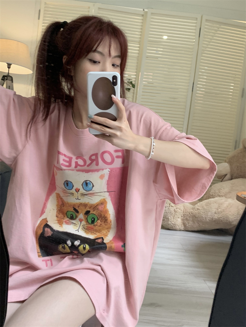 Cat Print Short sleeve pink T-shirt women's summer new design mid-length T-shirt female student class clothes top