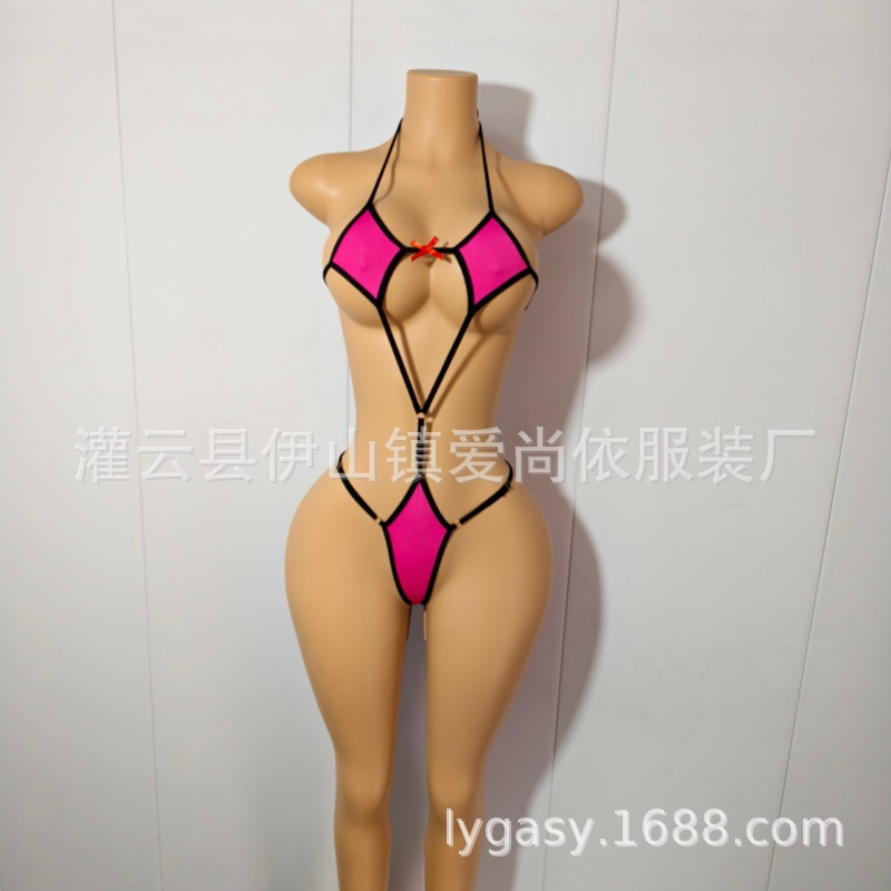 Foreign Trade European and American Style Erotic Lingerie Mini Parallel Square Women's Sexy Hollow-Out One-Piece Three-Point Bikini Set