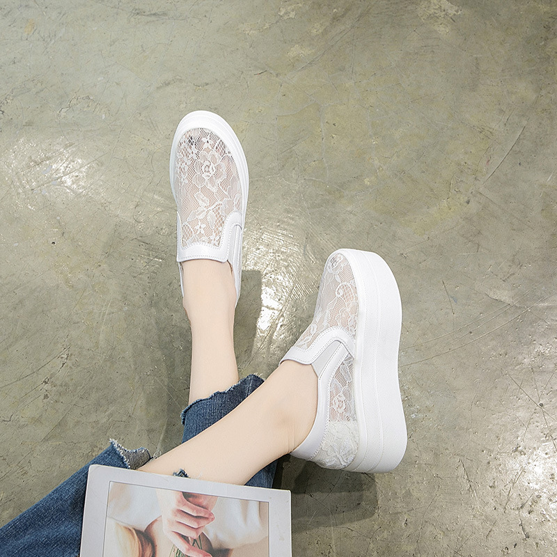 Summer New Women's Shoes Thick-Soled Mesh Hollow Breathable Women's Casual Shoes Lace Elastic Band Heightening Platform Shoes