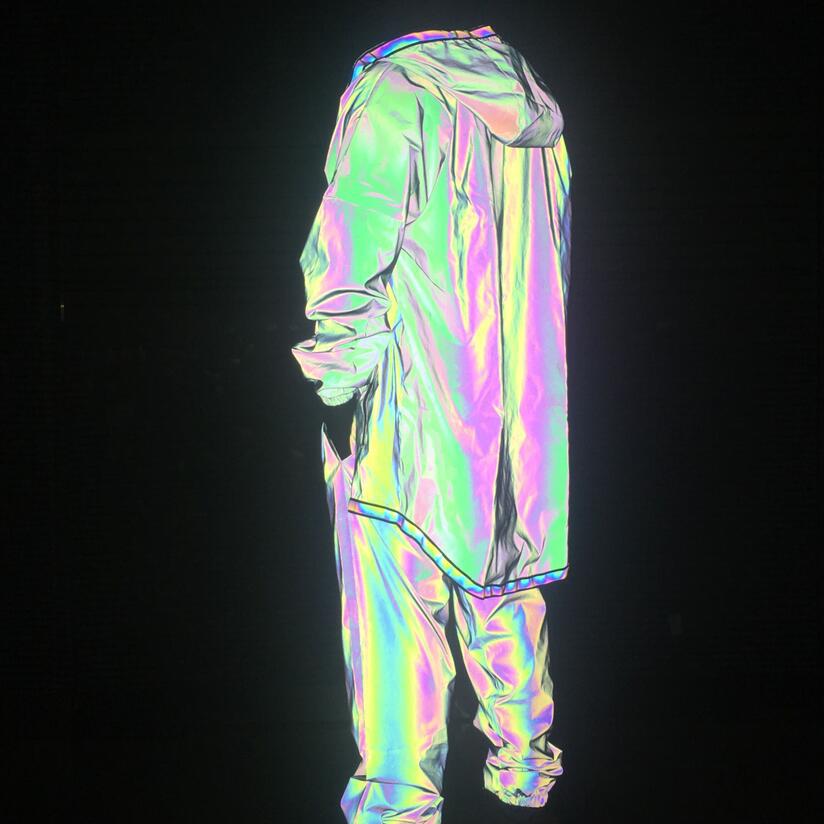 Amazon Cross-border Fashion Mid-length Colorful Reflective Coat Front Short Back Long Zipper Jacket Magic Colorful Reflective Coat