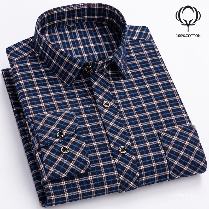 Spring and Autum Cotton Plaid Shirt Men's Long-Sleeved Middle-Aged Dad's Clothing Men's Middle-Aged and Elderly Loose Casual Shirt Mengwei