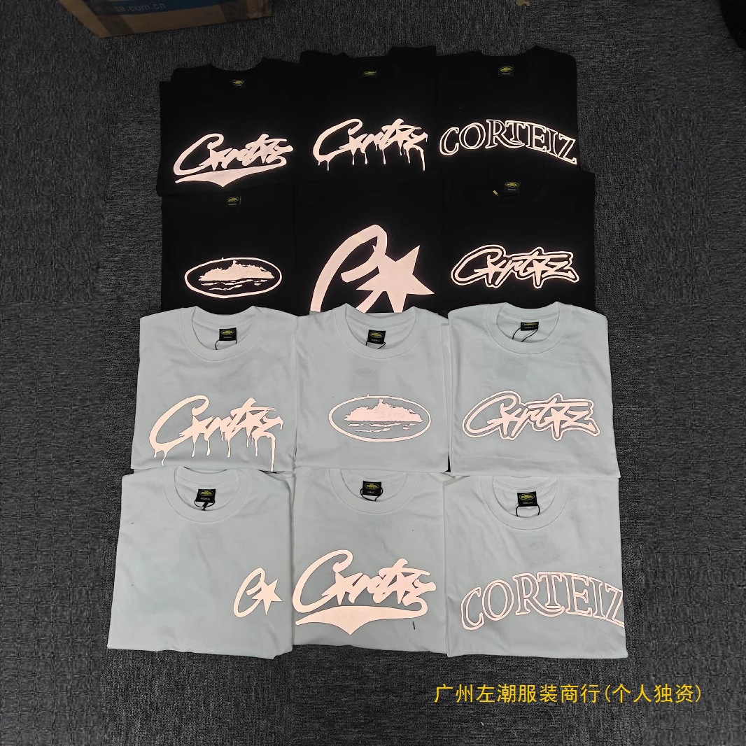 Cortiez New Reflective Series Logo High Street Summer Pure Cotton Short-Sleeved T-Shirt for Men and Women Couples