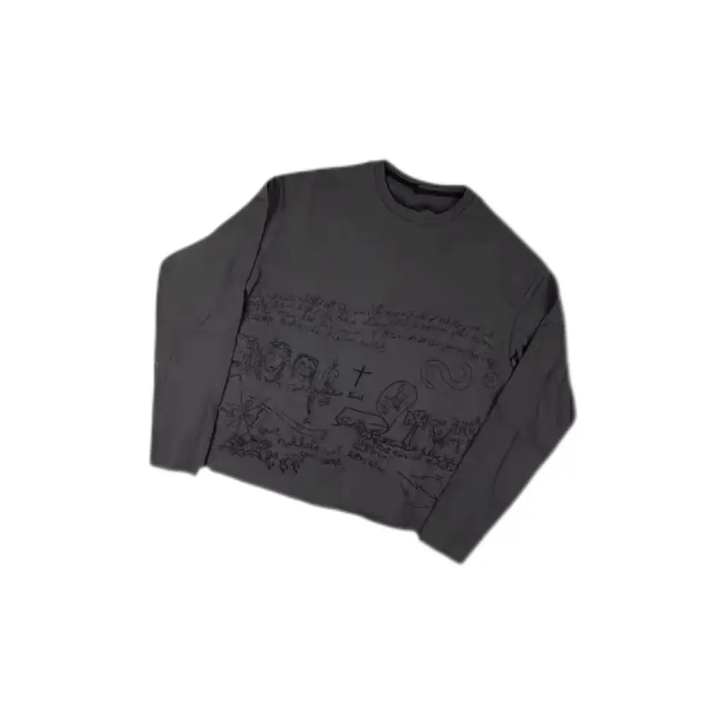 Erd Unique Item, Washed and Distressed Graffiti Embroidery Vintage Layered Long-Sleeve T-Shirt, Unisex Sweatshirt, Couple Style