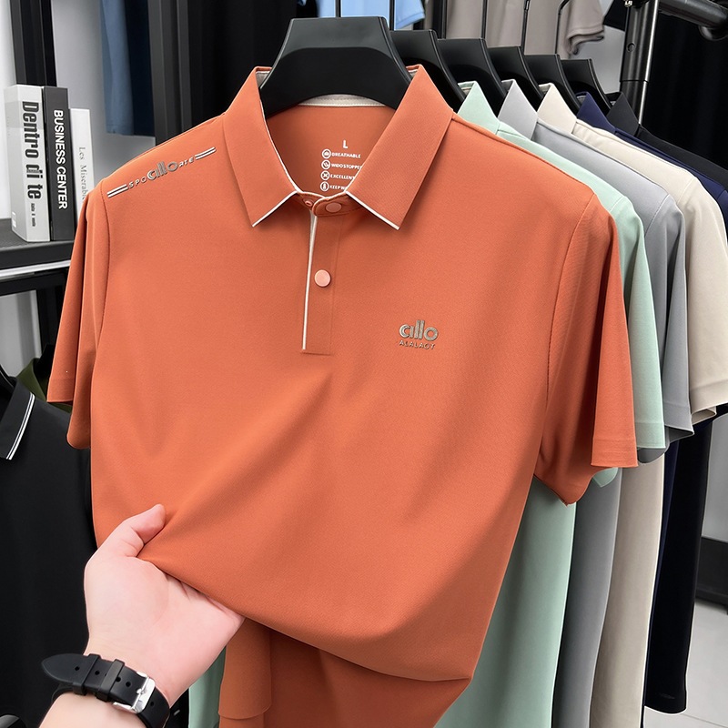 Summer Men's Solid Color Turn-Down Collar Pullover Fashion Nylon Seamless Embossed Stretch Casual Short-Sleeve Polo Shirt Thin Top