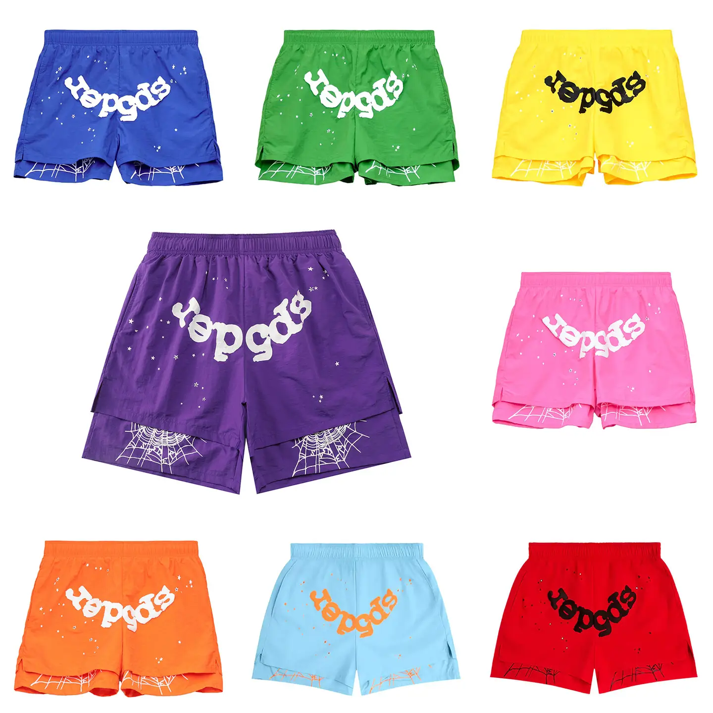 Two Pairs of Woven Beach Shorts with Letter and Spider Web Print, Multi-Color, Unisex Straight-Leg Pants