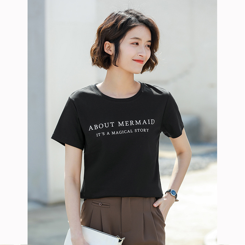 Clearance 2026 Summer Fashion Loose 60S Letter Print Xiaohan Ge Round Neck Liquid Ammonia Cotton T-Shirt Women's Short Sleeve T73