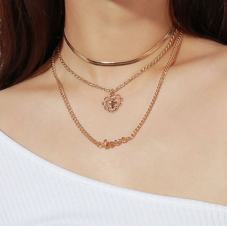 European and American Cross-Border Jewelry Simple Peach Heart Cross Pendant Necklace Fashionable Multi-Layered Letter Clavicle Chain Necklace