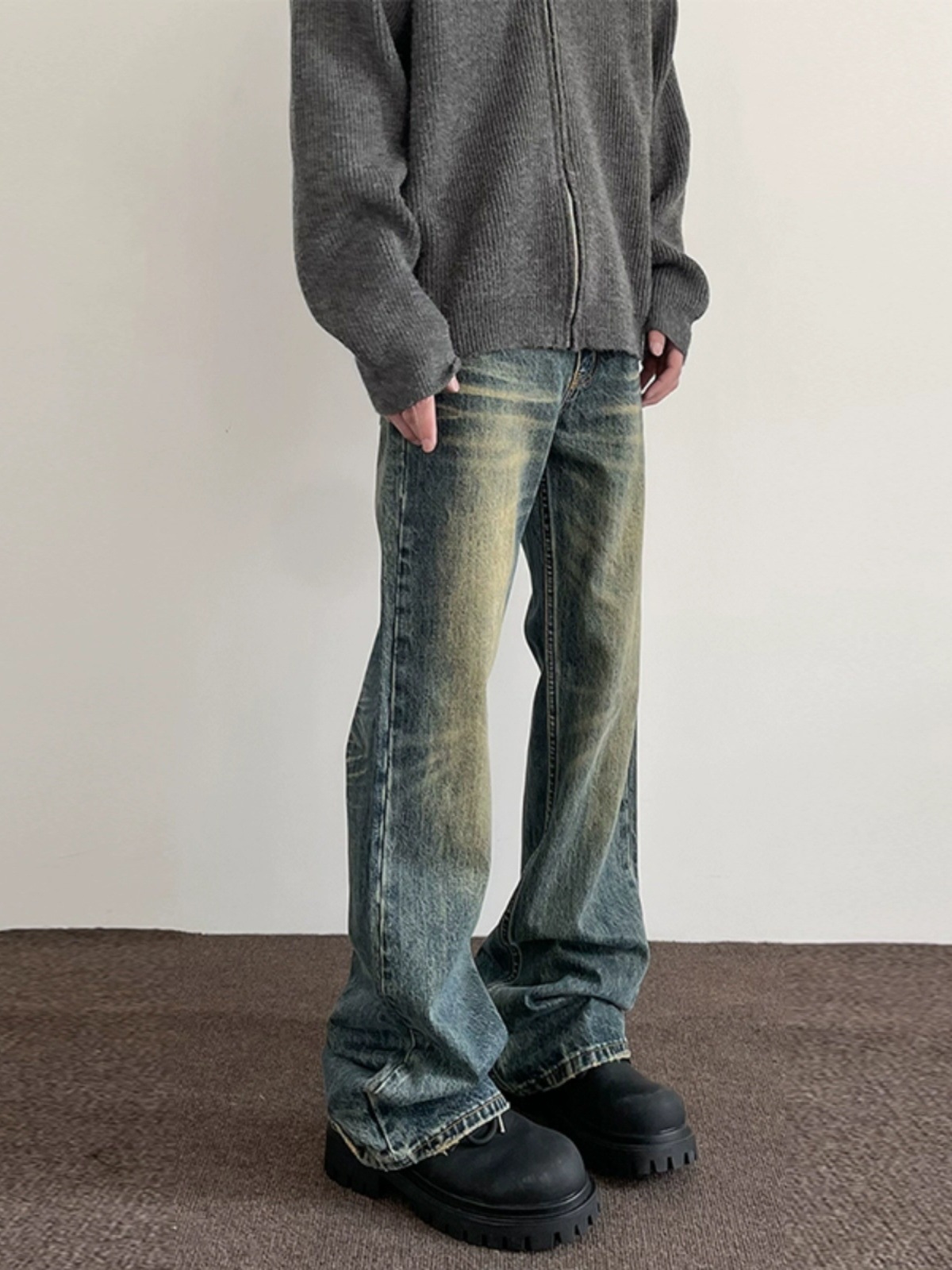 SNFII Men's Washed Distressed Boot-Cut Jeans Retro Blue