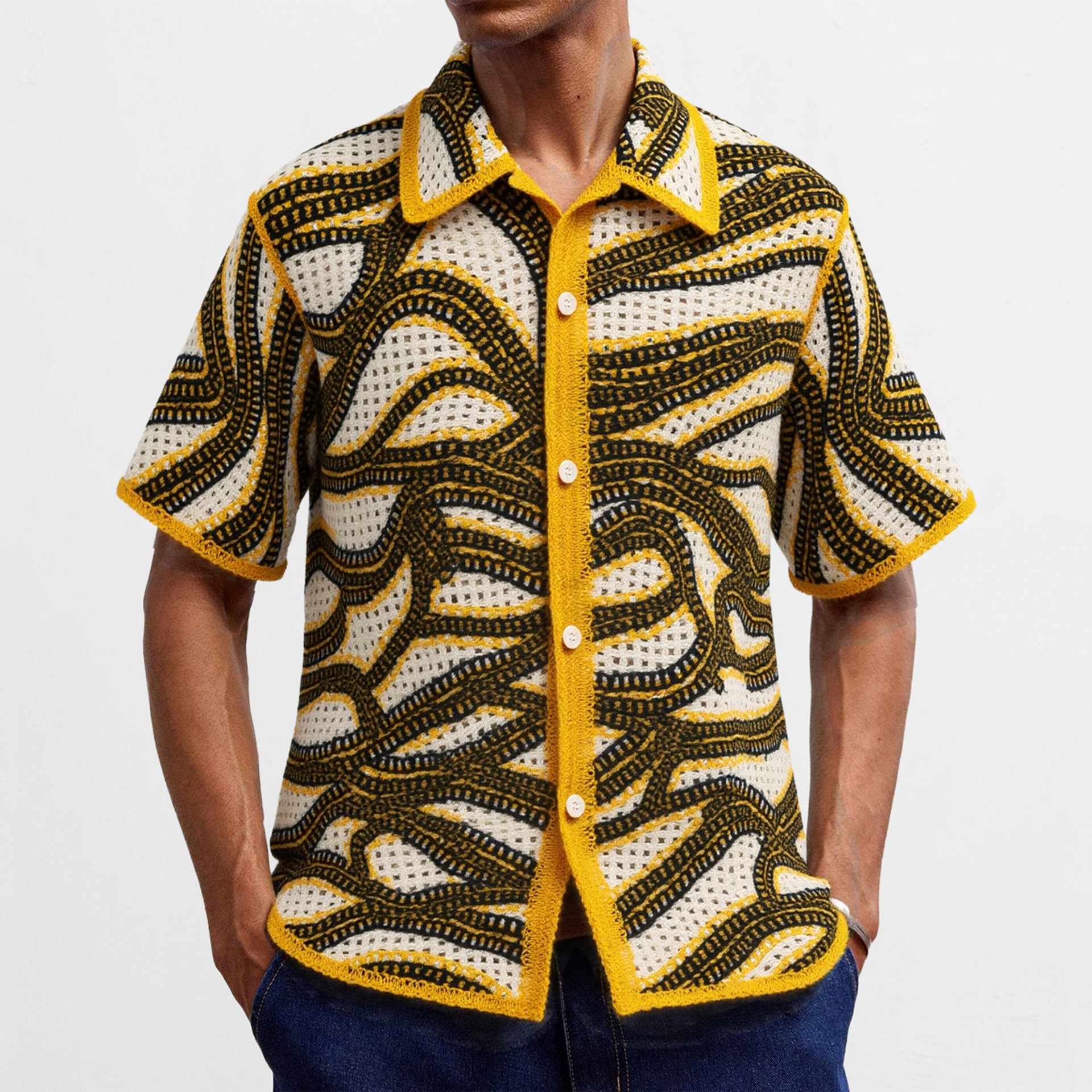 Foreign Trade Cross-Border Men's Clothing American-Style Casual Crochet Striped Knitted Cardigan Retro Water-Soluble Short-Sleeved Polo Shirt Sy0147