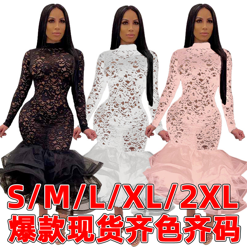 K9575 European and American AliExpress Amazon Hot Women's Dress Hollow Lace Large Size Sexy Night Shop Dress