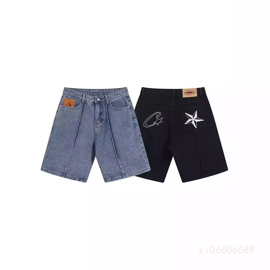 Corteiz Alcatraz Embroidered Five-Pointed Star Denim Shorts Men's American High Street Loose Casual Pants Summer