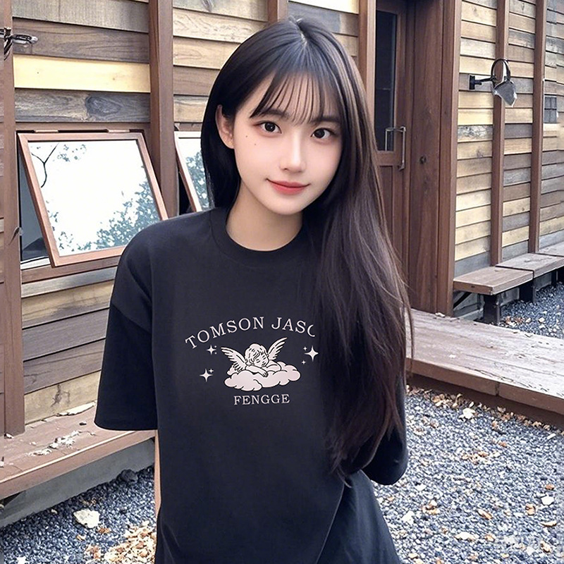 260g Heavyweight Pure Cotton T-Shirt Women's Short-Sleeved Fun Angel Print Right Shoulder Top Loose Half-Sleeved Design Niche